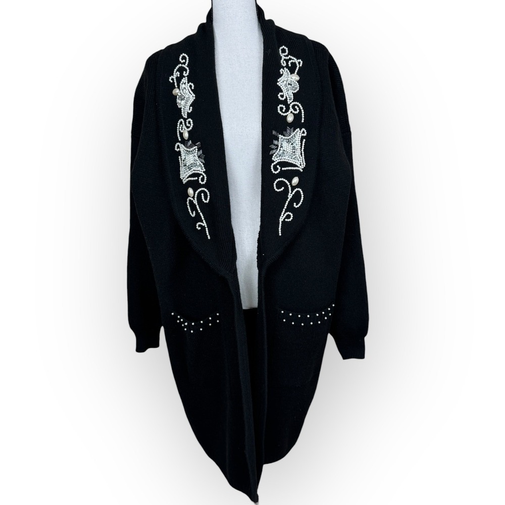 Western Connection Black Beaded Pearl Rhinestone Knit Long Cardigan Sweater‎ L